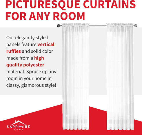 Sapphire Home White Sheer Curtains - 2 Panels Set, Light Filtering Textured Drapes, 84 Inches Length for Living Room,