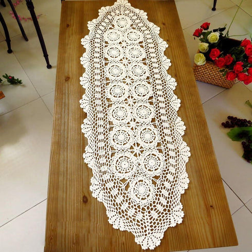 14x72 inch KEPSWET Cotton Handmade Crochet Lace Oval Table Runner Dresser Console Coffee Table TV Stand Decor White