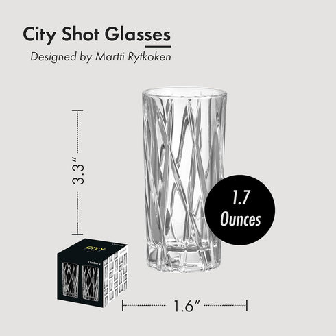 Orrefors City Shot Glasses – Set of 2 with Heavy Base, 1.7 Fl. Oz., Asymmetric Design for Spirits & Shots