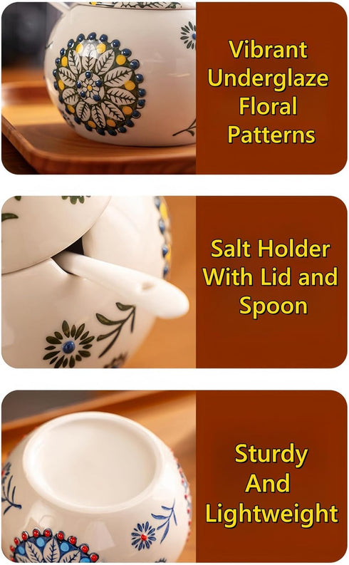 Frezonika 13 OZ Counter, Countertop Ceramic Salt Cellar with Lid and Spoon, Large Chicken Salt Jar, Salt Holder