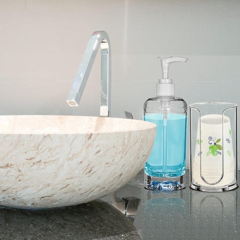 19.6 oz Countertop(1 Set) Patelai Mouthwash Dispenser with Cup Holder Clear Acrylic Refillable Mouth Wash Pump Bottle