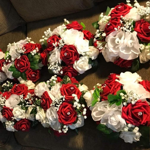 Artificial Flowers 25pcs Burgundy Foam Fake Roses with Stems for DIY Wedding Bouquets, White Bridal Shower