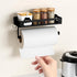 Paper Towel Holder Wall Mount for Kitchen, Easy One-handed Operation Design, Self Adhesive Paper Towel Holder with Shelf for Bathroom, RV Paper Towel Rack Paper Roll Holder with 2 Hooks, Black