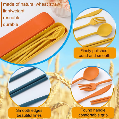 Tessco 12 Sets Reusable Travel Utensils with Case, Wheat Straw Picnic Flatware Sets