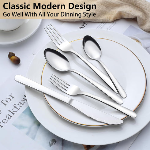 Pleafind 60-Pcs Premium Stainless Steel Silverware Set, Service for 12, Mirror Polished Forks, Spoons, Knives,