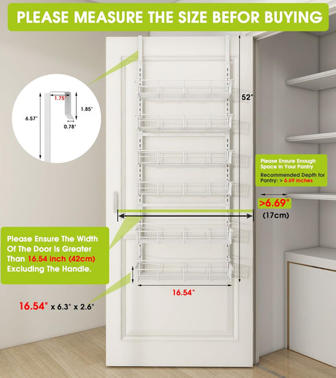 Over The Door Pantry Organizer, Wall Mount Spice Rack with 6 Adjustable Baskets for Home & Kitchen Storage (White)