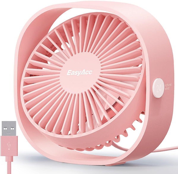 EasyAcc USB Desk Fan (Pink), 3 Speeds Mini USB Fan, 360° Rotatable Personal Desktop Table Fan for Home, Office