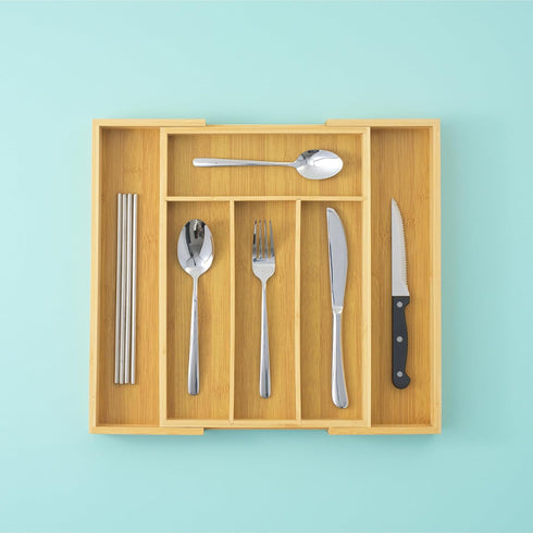 JoyJolt Bamboo Expandable Drawer Organizer for Kitchen Utensils, Adjustable Cutlery Tray with 4-6 Slots