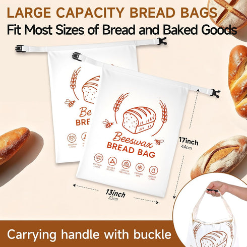VELVASPIRA 2 Packs 17x13 Inch Beeswax Bread Bags for Homemade Bread Sourdough, XL Linen Reusable Bread Bag for Homemade