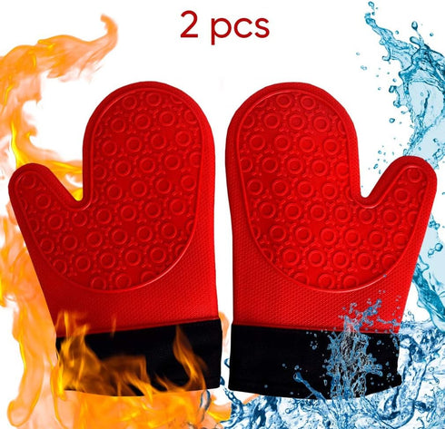 2PCS Red Black Extra Large Silicone Oven Mitts and Pot Holders - Heat Resistant Gloves for Cooking
