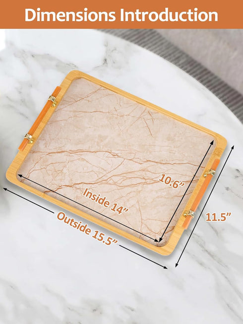 16" 12" JUPELI x Bamboo Serving Tray with Handles Marble Pattern Decorative Rectangle Tray for Coffee Table, Kitchen
