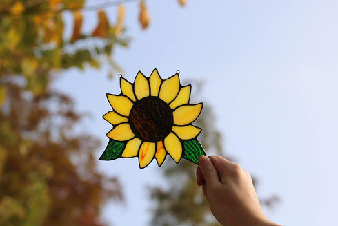 Handmade Sunflowers Gifts Stained Glass Window Hanging, 5×6 Inch Suncatcher Kitchen Decor for Women, Mom, Grandma