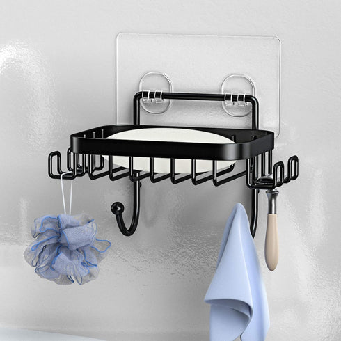 ODesign Soap Dish Holder with 6 Hooks for Loofah Bath Sponge Towel Razor, Adhesive Wall Mounted No Drilling - Black - 1