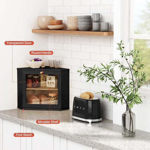 Goozii Countertop, Counter, Corner Bread Box for Kitchen Black Bread Storage Container for Homemade Bread, Two Layer