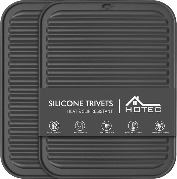 HOTEC Set of 2 Dark Grey Silicone Trivets for Hot Pots and Pans, Heat Resistant Dish Drying Mat for Kitchen Counter