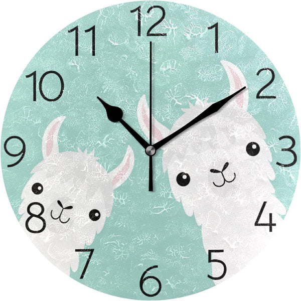 susiyo Cute Llama Alpaca Wall Clock, Silent Round Non-Ticking Battery Operated Decorative Clock for Kids