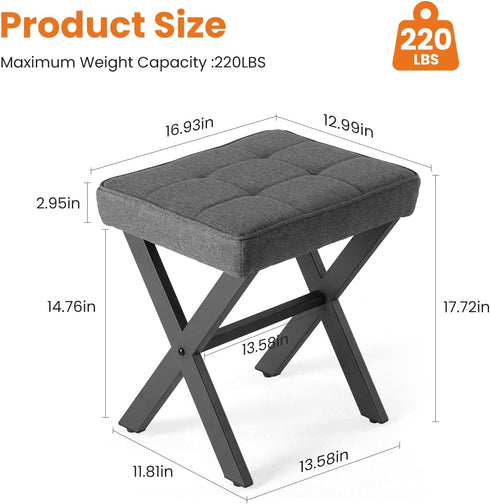 Sweetcrispy Vanity Stool Ottoman, Square Linen Makeup Stool Metal X Legs, Small Footstool Chair for Vanity, Modern