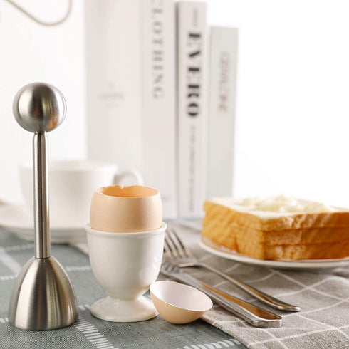 Set 1 4 4 Egg Cracker Topper for Soft Hard Boiled Eggs Shell Removal Includes Egg Cutter Ceramic Egg Cups and Spoons