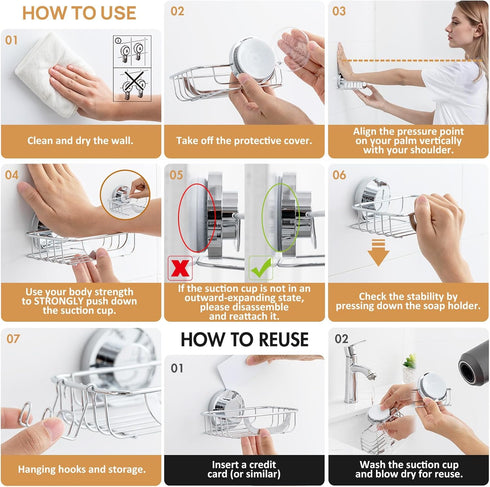 LEVERLOC Bar Soap Holder Dish with Hooks, Soap Tray Suction Cup Wall Mounted for Shower, Stainless Steel Sponge Holder