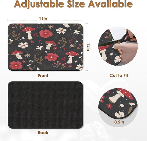 Coffee Mat for Countertops, 2 Pcs Mushroom Red Floral Dish Drying Mat for Kitchen, Espresso Machine, Rubber 12x19in