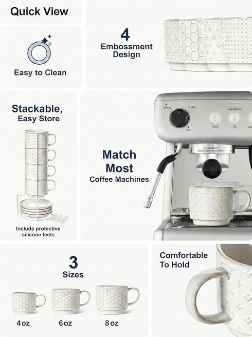 8 oz Set 4, Set LE TAUCI Stackable Latte Cups with Saucers and Stand, of Large Ceramic Coffee Cup and Saucer for Tea