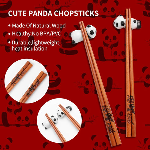 Cute Panda Chopsticks and Rest Gift Set, Reusable Wooden Chopsticks with Ceramic Holder for Wedding Presents