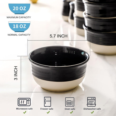 Hasense Ceramic Soup and Cereal Bowls, 20 OZ Set of 6, Stackable Bowls for Ramen, Salad, Microwave Safe, Black