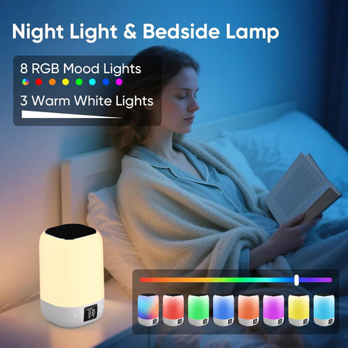 Dimmable 8 10-15 Night Light Bluetooth Speaker Alarm Clock, Sound Machine with White Noise, Touch Bedside Lamp
