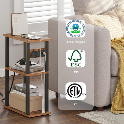 TB01BB046 TUTOTAK Small Narrow Side Table with Charging Station, Skinny End Table for Small Spaces, Slim Nightstand