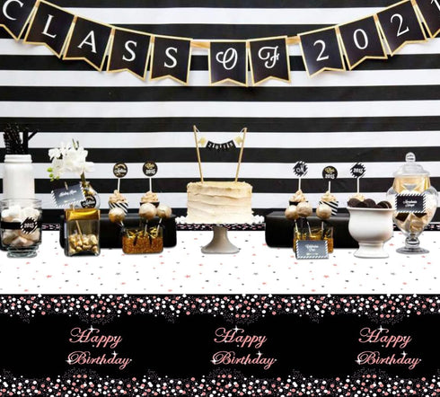 3 Pack Black and Rose Gold Tablecloths, Plastic Disposable Birthday Decorations, Rectangle Table Cover 51"x86" for