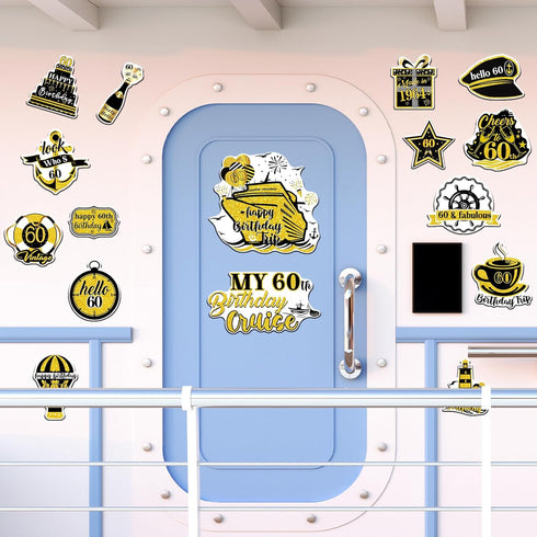 Cruise Door Decorations Magnetic, 16 PCS 60th Birthday Cruise Door Decor Magnets, Cheers to 60 Years Birthday Decor.