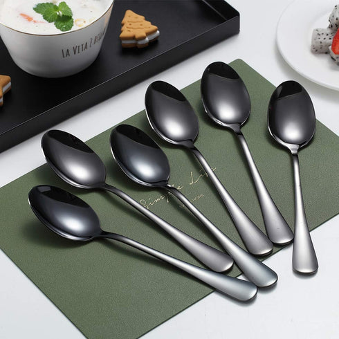 Kyraton 6-Piece 8" Stainless Steel Table Spoon Set, Titanium Black Plating, Gold Soup & Dessert Spoons