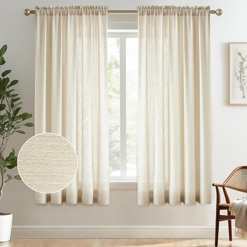 Melodieux Beige Semi Sheer Curtains, 63 Inch Length for Bedroom Living Room, 2 Panels, Light Filtering Home Office