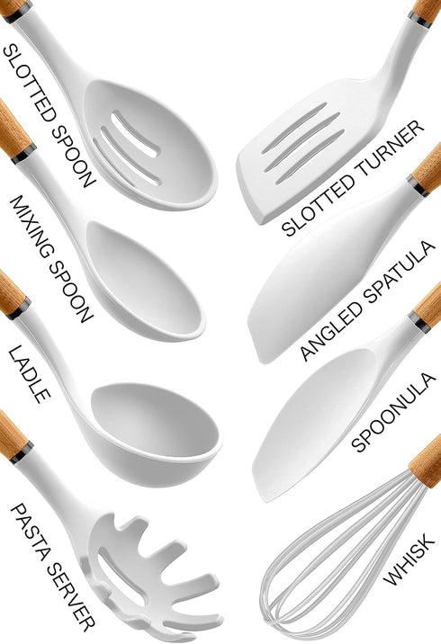 Country Kitchen 8 pc Non Stick Silicone Utensil Set, Rounded Wood Handles for Cooking and Baking - White