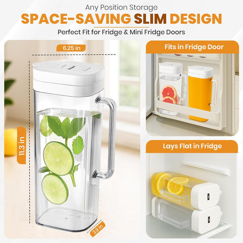 2 (2 64oz SlimFit Quart Liter) pitcher with lid - Water jug for fridge door - Leakproof plastic pitcher with lid