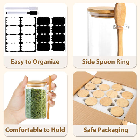12 Pack 8 oz Set TBWIND Round Glass Spice Jars with Lids and Spoons Airtight Small Spice Containers with Labels, Clear