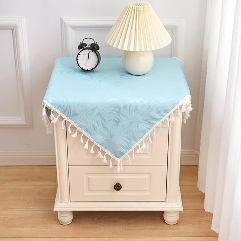 Square Tablecloth 24x24 Inch Blue Leaves Pattern with Fringe Edge Waterproof Washable