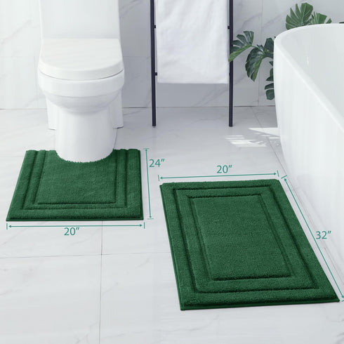 HOMEIDEAS 2 Piece Bathroom Rugs Set, Super Soft Non Slip Microfiber U-Shaped Toilet Bath Mat (Dark Green)