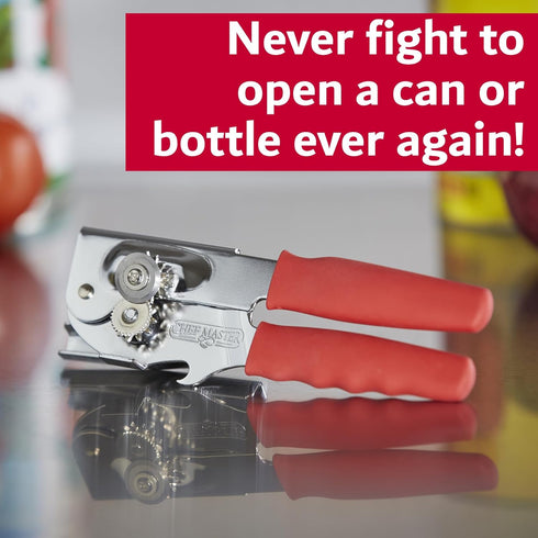 Chef-Master Commercial Can Opener, Multi-Purpose Manual with Anti-slip Grip Knobs, Easy Turn Knob, #90226