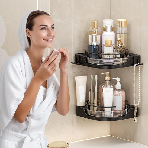 nohozi 360Rotating Caddy(2-Pack), Corner Shower No-Drill Adhesive Shower Shelf Organizer with Hooks, Lazy Susan