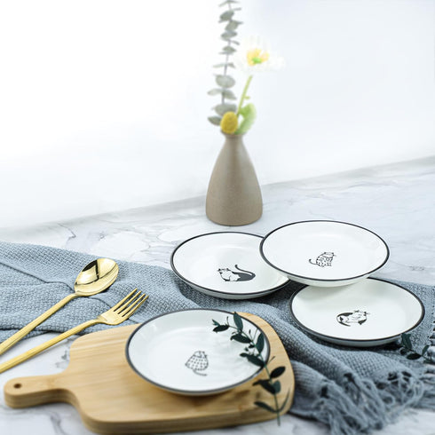 Cute Cartoon Gentleman and Dot Cat Ceramic Seasoning Dishes, Set of 4 Sauce Dish for Kitchen (5 Inch)