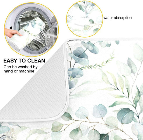 Green Leaves Dish Drying Mat for Kitchen Counter Herb Plant White Drying Mats Super Absorbent Reversible Microfiber Kitchen Countertop Protector Dishes Pad Medium 16x18 inch