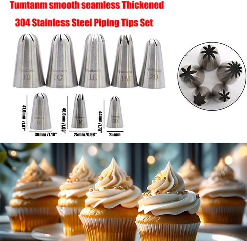 5 Pack Extra Large Piping Nozzles, Seamless Stainless Steel Icing Tips 1B 1C 1E 1M 2D# for Cupcakes