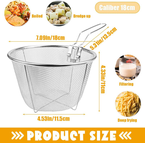 Stainless Steel Deep Fry Basket with Folding Handle Round Wire Fry Basket French Fry Chip Basket Metal Strainer for Home Restaurant Cooking Serving (7Inch)