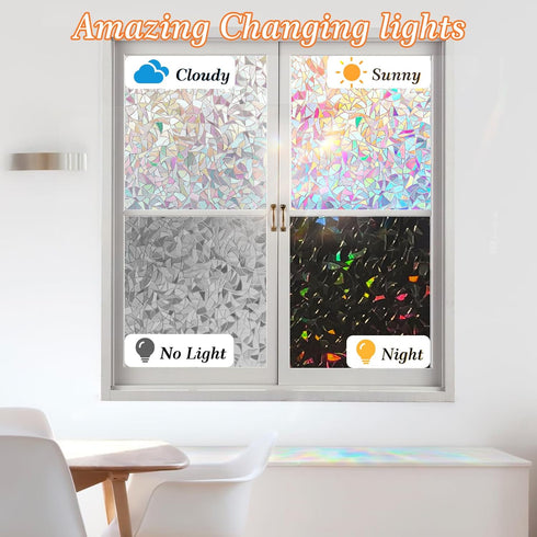 Rainbow Window Privacy Film, Decorative Stained Glass Window Tint for Home, 3D Window Clings, Static Cling Sticker