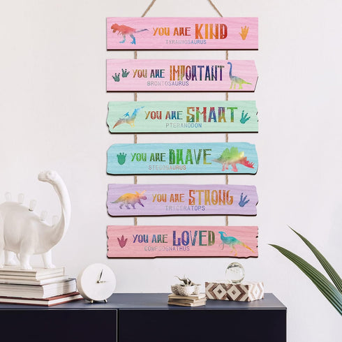 Yookeer Set of 6 Watercolor Dinosaur Wall Art Decors - Rustic Wooden Motivational Wall Hanging Plaque Sign, You Are