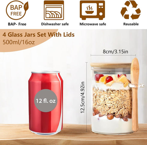 4 Pack 16oz Glass Overnight Oats Containers with Lids and Spoons, Over Night Oats Jars with Secure-Grip Bands