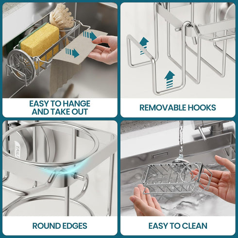 4-in-1 TAILI Sponge Holder with Strong Suction Cup, Rustproof Sink Organizer - Sink Caddy Holds Sponges, Brushes