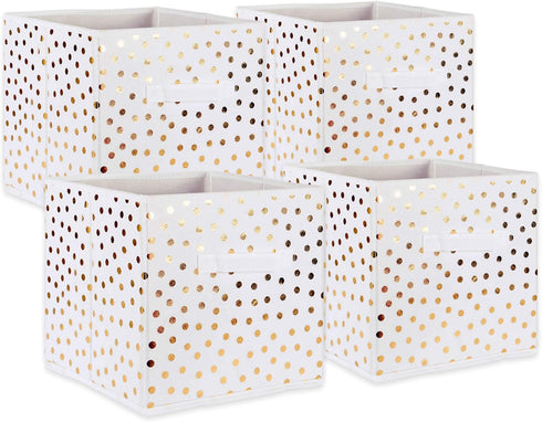 DII Non Woven Storage Collection Polka Dot Collapsible Bin Small Set, 11x11x11 Cube, White with Gold Dots, 4 Piece
