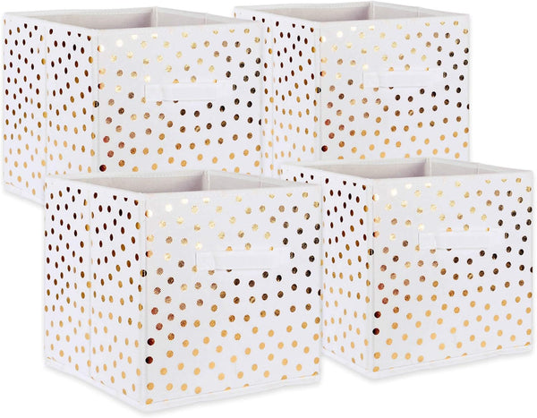 DII Non Woven Storage Collection Polka Dot Collapsible Bin Small Set, 11x11x11 Cube, White with Gold Dots, 4 Piece